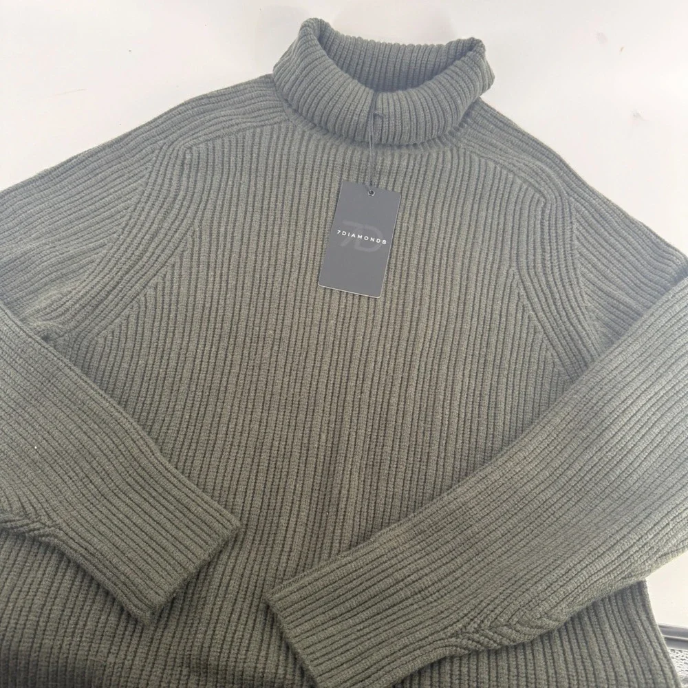 7 Diamonds Twin City Men Large Olive Green Ribbed Turtleneck Sweater SWM-8698